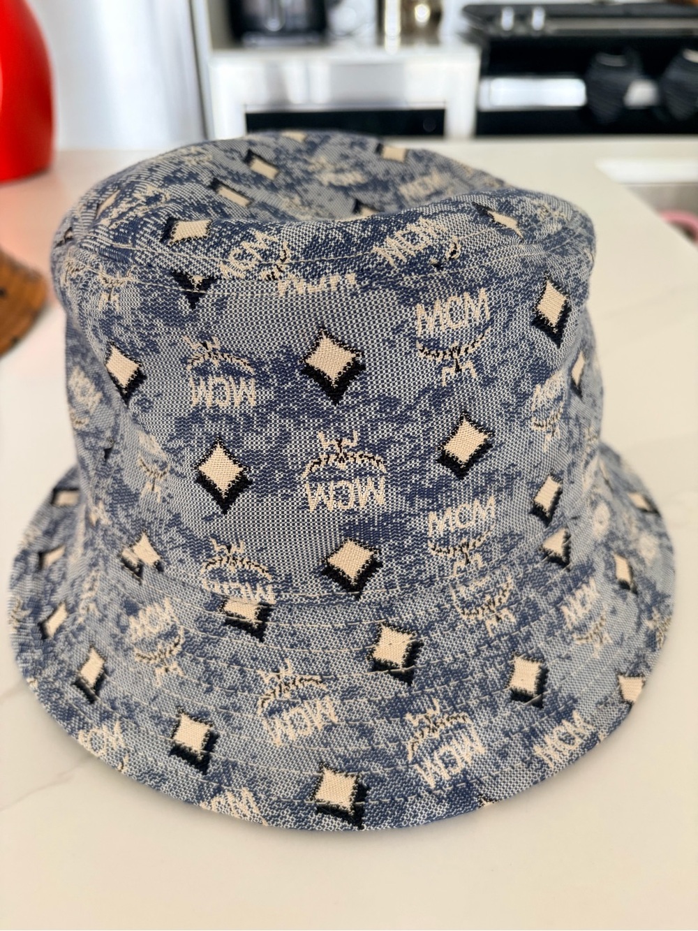 MCM Kids Denim-Style Blue Logo Jacquard Bucket Hat